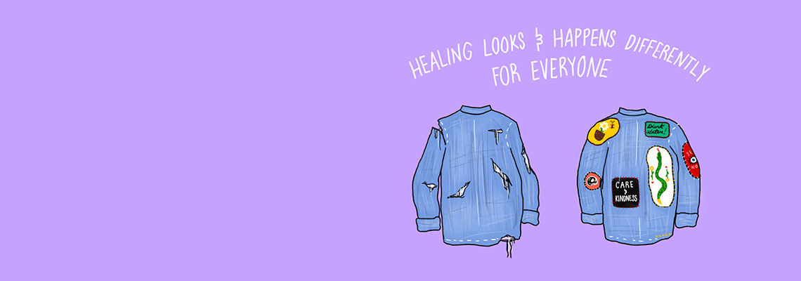 Two blue jean jackets, one with tears, the other with multi-colored patches.